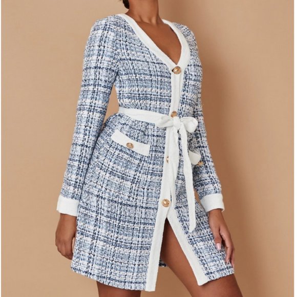 MODA ME COUTURE Jackets & Blazers - multicolor tweed belted overcoat chic classy elegant fall winter